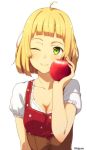  1girl ;) ahoge apple bangs blonde_hair blouse blunt_bangs blush breasts closed_mouth corset food fruit green_eyes holding holding_fruit kinta_(distortion) looking_at_viewer medium_breasts one_eye_closed original short_hair simple_background smile solo twitter_username white_background white_blouse 