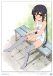  1girl 2011 absurdres black_hair brown_eyes dated errant feet grey_legwear highres k-on! long_hair nakano_azusa no_shoes one-piece_swimsuit school_swimsuit sitting solo swimsuit thigh-highs twintails white_school_swimsuit white_swimsuit 