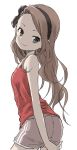  1girl absurdres bangs breasts brown_eyes brown_hair from_behind hair_ribbon hairband head_tilt highres idolmaster long_hair looking_back minase_iori ribbon shorts simple_background sketch small_breasts smile solo swept_bangs tank_top white_background yamamoto_souichirou 