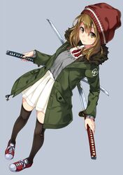  1girl bangs beanie brown_eyes brown_hair brown_legwear buttons closed_mouth coat collared_shirt dress dual_wielding eyebrows_visible_through_hair full_body fur-trimmed_coat fur_trim green_coat grey_background hair_between_eyes hat highres holding holding_sword holding_weapon katana legs_apart long_sleeves looking_at_viewer miniskirt neck_ribbon open_clothes open_coat original pigeon-toed pocket red_hat red_ribbon red_shoes reverse_grip ribbon shirt shoelaces shoes short_hair simple_background skirt skirt_set smile sneakers solo standing star star_print sword thigh-highs unasaka_ryou weapon white_shirt white_skirt 