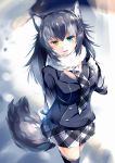  1girl animal_ears black_hair black_legwear blue_eyes blush breasts fang fur_collar gloves grey_wolf_(kemono_friends) heterochromia highres kanzakietc kemono_friends large_breasts long_hair long_sleeves looking_at_viewer multicolored_hair necktie open_mouth silver_hair skirt smile solo standing tail thigh-highs two-tone_hair wolf_ears wolf_tail yellow_eyes 