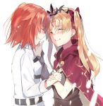  2girls ahoge bangs black_cape blonde_hair blush buckle cape closed_eyes commentary derori detached_collar ereshkigal_(fate/grand_order) fate/grand_order fate_(series) fujimaru_ritsuka_(female) fur-trimmed_cape fur_trim hair_ornament hair_scrunchie highres jewelry long_hair long_sleeves looking_at_another multicolored multicolored_cape multicolored_clothes multiple_girls necklace orange_hair parted_bangs red_cape scrunchie side_ponytail simple_background skull tearing_up tohsaka_rin two_side_up upper_body white_background yellow_cape yuri 