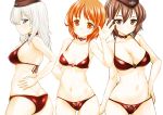  3girls absurdres arm_behind_back bikini blue_eyes breasts brown_eyes brown_hair choker cleavage cowboy_shot from_side garrison_cap girls_und_panzer gluteal_fold hair_between_eyes hand_on_hip hat highres itsumi_erika large_breasts looking_at_viewer medium_breasts multiple_girls navel nishizumi_maho nishizumi_miho orange_eyes orange_hair outstretched_hand red_bikini shiromitsu_suzaku short_hair sideboob simple_background small_breasts smile standing swimsuit white_background white_hair 