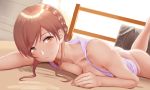  ass bed braid breast_press breasts brown_hair collarbone highres idolmaster idolmaster_cinderella_girls indoors looking_at_viewer lying nitta_minami on_stomach smile takahirokun tareme thong underwear underwear_only 