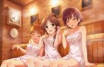  3girls :d \||/ ahoge analog_clock arm_at_side arm_support arm_up artist_request bangs bare_arms bare_shoulders blush breasts brick_wall brown_hair cleavage clock closed_eyes collarbone dial dot_nose dutch_angle eyebrows_visible_through_hair eyelashes eyes_visible_through_hair flipped_hair hair_bun hair_intakes hair_over_shoulder happy hino_akane_(idolmaster) honda_mio hot idolmaster idolmaster_cinderella_girls idolmaster_cinderella_girls_starlight_stage indoors knees_together_feet_apart leaning_back legs_together lights long_hair looking_at_viewer medium_breasts multiple_girls naked_towel official_art open_mouth orange_hair parted_bangs raised_eyebrows reaching sauna short_hair sidelocks sitting smile steam sweat takamori_aiko towel ventilation_shaft wavy_mouth wet wet_hair white_towel yellow_eyes yellow_towel 