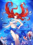  1girl air_bubble artist_request bikini_bottom blazblue blue_eyes breasts breath coral freediving highres holding_breath long_hair navel nokmal ocean open_clothes open_shirt redhead sarong shirt smile swimming swimsuit tsubaki_yayoi under_boob underwater 