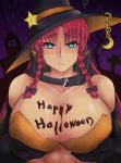  1girl abs alternate_costume bare_shoulders black_bow black_gloves blue_eyes blush bow braid breast_hold breast_lift breasts chocolate_on_breasts cleavage closed_mouth collarbone elbow_gloves fang gloves hair_bow halloween halloween_costume happy_halloween hat hong_meiling huge_breasts katsuko_wi_wi long_hair looking_at_viewer redhead smile solo touhou twin_braids witch_hat 
