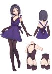  1girl ass black_gloves black_hair black_ribbon breasts butt_crack closed_mouth concept_art corset dress elbow_gloves from_behind full_body garter_straps gloves hairband half-closed_eyes kinta_(distortion) knees_together_feet_apart light_smile looking_at_viewer multiple_views neck_ribbon original panties purple_dress ribbon short_hair sketch small_breasts standing thigh-highs thong_panties underwear violet_eyes white_panties 