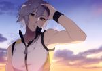 1boy arm_up blue_eyes clouds cloudy_sky expressionless eyelashes hakei hand_in_hair kingdom_hearts kingdom_hearts_3d_dream_drop_distance looking_at_viewer male_focus outdoors pale_skin riku short_hair signature silver_hair sky sleeveless solo 