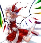  1girl blonde_hair flandre_scarlet full_body hat hat_ribbon highres looking_at_viewer mob_cap pointy_ears red_eyes red_shoes red_skirt ribbon satou_(3366_s) shoes simple_background skirt skirt_set solo touhou vest white_background white_legwear wings wrist_cuffs 