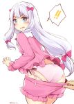  !! 1girl ass assisted_exposure blue_eyes blush bow breasts cowboy_shot eromanga_sensei from_behind furrowed_eyebrows hair_bow hands izumi_sagiri leaning_forward long_hair long_sleeves looking_at_viewer low-tied_long_hair natsu_(natume0504) open_mouth pajamas panties pink_bow pink_panties pink_ribbon ribbon shorts shorts_pull side-tie_panties silver_hair simple_background sketch small_breasts solo_focus speech_bubble standing tareme teardrop tearing_up twitter_username underwear very_long_hair wavy_mouth white_background 