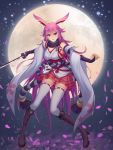  1girl absurdres animal_ears bare_shoulders benghuai_xueyuan blue_eyes boots breasts bridal_gauntlets cherry_blossoms fox_mask full_body full_moon highres honkai_impact katana long_hair long_sleeves looking_at_viewer mask miniskirt moon petals pink_hair rabbit_ears ribbon-trimmed_legwear ribbon_trim rope ryuubou shimenawa sideboob skirt smile sword thigh-highs very_long_hair violet_eyes weapon white_legwear wide_sleeves yaezakura_(benghuai_xueyuan) zettai_ryouiki 