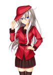  alternate_color alternate_costume belt black_legwear black_skirt blue_eyes flat_cap hammer_and_sickle hand_on_headwear hat hibiki_(kantai_collection) highres kantai_collection long_hair red remodel_(kantai_collection) silver_hair skirt star thigh-highs tsuchinoko1026 verniy_(kantai_collection) 