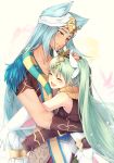  1boy 1girl :d ^_^ animal_ears belt blue_eyes blue_hair blush closed_eyes collarbone couple ear_clip eyebrows_visible_through_hair facial_mark fox_ears frey_(rune_factory) from_side gloves green_hair hair_between_eyes hair_ribbon hand_on_another&#039;s_back hand_on_another&#039;s_head highres leon_(rune_factory) long_hair niduca_(hio_touge) open_mouth outstretched_arm outstretched_arms parted_lips ribbon rune_factory rune_factory_4 smile twintails very_long_hair white_gloves white_ribbon 