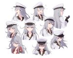  1girl black_gloves blush closed_eyes cnm commentary_request expressions gangut_(kantai_collection) gloves hat jacket kantai_collection long_hair long_sleeves looking_at_viewer multiple_views one_eye_closed open_mouth peaked_cap red_eyes scar silver_hair simple_background upper_body white_background white_jacket 