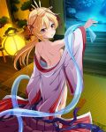  1girl back barefoot blonde_hair clothes_removed feet hair_ornament indoors long_hair looking_at_viewer looking_back outstretched_arm red_eyes solo standing tatami twisted_neck undressing 
