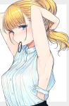 1girl armpits arms_up bangs bare_shoulders blonde_hair blue_eyes blue_shirt blunt_bangs blush breasts buttons eyebrows_visible_through_hair female hair_tie long_hair looking_at_viewer medium_breasts mole mole_under_mouth mouth_hold nekoume ponytail raised_eyebrows shiny shiny_hair shiny_skin shirt side_cutout sideboob simple_background sleeveless sleeveless_shirt solo sweat tying_hair upper_body white_background 