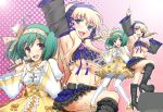  00s 2girls adapted_costume armpits blonde_hair boots breasts fang frills green_hair kotobuki_utage macross macross_frontier microphone multiple_girls navel ranka_lee sheryl_nome thigh-highs under_boob 