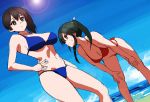  2girls arm arm_at_side armpits bare_arms bare_legs bare_shoulders beach bent_over bikini black_hair blue_bikini blue_swimsuit breast_envy breasts brown_eyes brown_hair cleavage closed_mouth collarbone dutch_angle female from_below hair_between_eyes hand_on_hip hands_on_own_knees kaga_(kantai_collection) kantai_collection large_breasts leaning leaning_forward legs lens_flare long_hair looking_at_another looking_at_breasts looking_at_viewer medium_breasts midriff multiple_girls navel neck outdoors red_bikini red_swimsuit ruuto_(sorufu) side_ponytail sketch standing sun sweatdrop swimsuit twintails yellow_eyes zuikaku_(kantai_collection) 