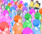  6+girls angry blue bob_cut brown_hair chair clipboard clothes_writing colorful commentary_request constricted_pupils crowd crying expressionless expressions glasses green happy looking_at_viewer multiple_girls multiple_persona original pink purple shirt simple_background sitting smile staring t-shirt tearing_up tears walking white_background yajirushi_(chanoma) yawning 