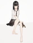 1girl bare_legs barefoot black_hair brown_eyes commentary_request feet full_body highres holding holding_shoes legs long_hair looking_at_viewer necktie original school_uniform shirt shoes shoes_removed short_sleeves sitting soles solo toes vient white_shirt 