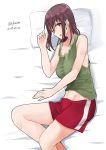  1girl absurdres bangs bed brown_eyes brown_hair commentary_request dated girls_und_panzer green_shirt gym_shorts highres irukatto kondou_taeko looking_at_viewer lying navel on_side parted_lips pillow red_shorts shirt short_hair short_shorts shorts single_vertical_stripe sketch solo sportswear tank_top twitter_username 