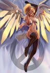  1girl arm_up black_shoes blonde_hair blue_eyes breasts breasts_apart brown_gloves brown_legwear choker elbow_gloves emblem gloves glowing glowing_wings hand_behind_head hand_on_neck high_heels high_ponytail lace leg_up lips logo mechanical_halo mechanical_wings medium_breasts mercy_(overwatch) midriff navel nose one_leg_raised overwatch panties parted_lips red_lips revealing_clothes shoes short_hair single_elbow_glove solo spread_wings stomach teeth thigh-highs underwear white_panties wings yang_fan yellow_wings 