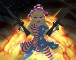  1girl american_flag american_flag_dress american_flag_legwear assault_rifle blonde_hair breasts clownpiece commentary dress explosion glowing glowing_eyes gun hat jester_cap large_breasts long_hair looking_at_viewer neck_ruff older pantyhose polka_dot red_eyes rifle short_sleeves sinensian smile solo star star_print striped touhou weapon 