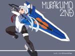  1girl black_legwear character_name commentary_request dated dress glowing glowing_eye gundam gundam_astray_blue_frame gundam_seed gundam_seed_astray highres holding holding_sword holding_weapon huge_weapon kantai_collection kuro_chairo_no_neko murakumo_(kantai_collection) namesake open_mouth pantyhose red_eyes sailor_dress short_dress silver_hair solo sword weapon 