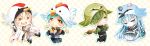  4boys :d animal_hat animalization aqua_hair armor beads bird blue_eyes blue_hair cape checkered checkered_background chibi chick chicken_hat cup green_eyes green_hair hair_over_one_eye hakama hat highres hood ichigo_hitofuri japanese_armor japanese_clothes kaya_(hydego) kousetsu_samonji male_focus military military_uniform multiple_boys necktie open_mouth pom_pom_(clothes) sayo_samonji smile sode souza_samonji teapot touken_ranbu tsurumaru_kuninaga uguisumaru uniform white_hair yellow_eyes yunomi 