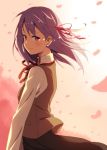  1girl blush breasts cherry_blossoms commentary_request fate/stay_night fate_(series) hair_ribbon kinta_(distortion) long_hair matou_sakura petals profile ribbon school_uniform skirt small_breasts smile solo violet_eyes wind 