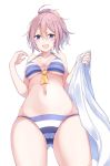  1girl absurdres ahoge aoba_(kantai_collection) bikini blue_bikini blue_eyes breasts collarbone from_below gluteal_fold hair_between_eyes highres kantai_collection looking_at_viewer looking_down matsunoki_(unknown_751) medium_breasts navel open_mouth pink_hair ponytail short_hair simple_background solo striped striped_bikini swimsuit towel under_boob white_background 