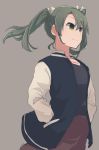  1girl green_eyes green_hair hands_in_pockets harunagi jacket jersey kantai_collection letterman_jacket ribbon simple_background solo twintails white_ribbon wind zuikaku_(kantai_collection) 