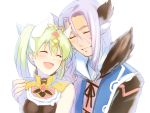  1boy 1girl :d ^_^ blush breasts closed_eyes eyebrows_visible_through_hair facial_mark formal frey_(rune_factory) green_hair hair_between_eyes hair_ribbon hand_on_another&#039;s_shoulder lavender_hair leon_(rune_factory) long_hair medium_breasts niduca_(hio_touge) open_mouth parted_lips ribbon rune_factory rune_factory_4 sketch smile twintails upper_body white_background white_ribbon 