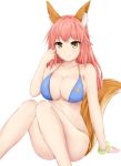  1girl absurdres animal_ears bikini blue_bikini breasts cleavage collarbone fate/grand_order fate_(series) fox_ears fox_tail hand_in_hair highres large_breasts long_hair looking_at_viewer navel pink_hair simple_background sitting smile solo swimsuit tail tamamo_(fate)_(all) tamamo_no_mae_(swimsuit_lancer)_(fate) white_background yellow_eyes yuyusuika 