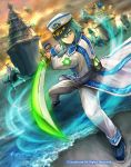  1boy back blue_storm_soldier_rascal_sweeper cardfight!!_vanguard clouds cloudy_sky company_name faceless faceless_male full_body green_eyes green_hair hat long_hair male_focus matsushima_kazuo military military_hat military_uniform official_art ship sky solo sword uniform water watercraft weapon 