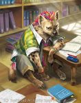  animal animal_ears book bracelet brown_eyes bushiroad cardfight!!_vanguard company_name higashi hyena hyena_ears hyena_tail jewelry mohican_hyena multicolored_hair necktie no_humans official_art pen sitting solo tail 