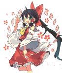  1girl ascot black_hair bow detached_sleeves green_eyes hair_bow hair_tubes hakurei_reimu long_hair looking_at_viewer morino_hon ofuda ok_sign one_eye_closed open_mouth red_bow red_skirt ribbon-trimmed_sleeves ribbon_trim simple_background sketch skirt skirt_set smile solo touhou very_long_hair vest white_background wide_sleeves 