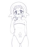  1girl artist_name bare_shoulders blush clenched_hand collarbone gluteal_fold greyscale hairband highres looking_at_viewer monochrome navel navel_cutout one-piece_swimsuit open_mouth pokemon pokemon_(game) pokemon_sm rf_(4chan) short_hair sketch solo standing suiren_(pokemon) sweatdrop swimsuit trial_captain 