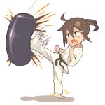  1girl ahoge barefoot belt black_eyes brown_hair chibi dougi eyebrows_visible_through_hair fang hair_between_eyes hair_ornament hairclip karate karate_gi kicking kinta_(distortion) motion_lines open_mouth original ponytail punching_bag sidelocks simple_background solo white_background 