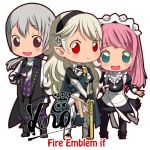  1boy 2girls armor barefoot butler cape chibi father_and_daughter female_my_unit_(fire_emblem_if) fire_emblem fire_emblem_if gloves grey_hair hairband joker_(fire_emblem_if) kero_sweet long_hair low_ponytail maid mother_and_daughter multiple_girls my_unit_(fire_emblem_if) open_mouth pointy_ears ponytail red_eyes short_hair smile sword violet_eyes weapon white_hair 