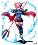  1girl arai_nobu breasts cape full_body medium_breasts open_mouth original pink_hair polearm solo thigh-highs trident water weapon yellow_eyes 