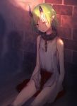  1girl asymmetrical_horns blood blood_stain bloody_clothes brick_wall broken broken_chain broken_horn brown_eyes chains eye_scar eyebrows_visible_through_hair green_hair highres ibuki_notsu injury one_eye_closed original pointy_ears short_hair sitting tears torn_clothes 