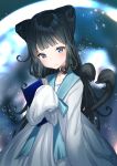  1girl animal_ears bangs black_hair blue_background blue_eyes blunt_bangs cat_ears cat_girl cat_tail double_bun dress fang fang_out hair_between_eyes highres long_dress long_hair looking_at_viewer mia_(miaflocon) multiple_tails nekomata original sleeves_past_wrists star starry_background tail upper_body wavy_mouth white_dress 