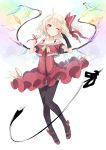  1girl ahoge alternate_costume black_bow black_legwear blonde_hair blush bow crystal dress flandre_scarlet full_body hair_bow highres kojiki-life lace lace-trimmed_thighhighs lace_trim laevatein looking_at_viewer no_hat no_headwear one_eye_closed parted_lips red_bow red_dress red_eyes ribbon side_ponytail simple_background single_bridal_gauntlet smile solo thigh-highs touhou white_background wings wrist_ribbon 