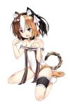  1girl animal_ears bare_shoulders black_eyes brown_hair cat_ears cat_tail choker collarbone fang full_body garters hair_ribbon highres looking_at_viewer multicolored_hair one-piece_swimsuit orange_hair paw_pose ribbon short_hair sitting slit_pupils solo swimsuit tail ttnap wariza white_background white_hair 