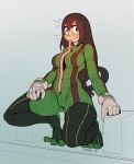  ... 1girl asui_tsuyu black_eyes black_hair blush bodysuit boku_no_hero_academia breasts frog_girl full-face_blush full_body gloves hair_between_eyes long_hair long_tongue low-tied_long_hair medium_breasts monster_girl simple_background solo squatting thigh-highs tongue tongue_out triuni white_gloves 