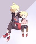  2boys black_pants blonde_hair capri_pants cleffa dual_persona gladio_(pokemon) green_eyes hair_over_one_eye hand_on_another&#039;s_head holding hood hoodie male_focus mei_(maysroom) multiple_boys pants pokemon pokemon_(anime) pokemon_(creature) pokemon_sm_(anime) shirt short_hair short_sleeves simple_background sitting torn_clothes torn_pants white_shirt younger 