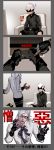  4koma adam_(nier_automata) anger_vein as109 blindfold closed_eyes comic controller covered_eyes dress_shirt game_console glasses gloves grin highres long_hair musical_note necktie nier_(series) nier_automata open_mouth playstation_4 shirt smile soda_cup translated white_hair yorha_no._9_type_s 