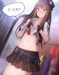  1girl belt black_gloves black_skirt brown_hair commentary_request fingerless_gloves gloves green_eyes hat idolmaster idolmaster_cinderella_girls indoors lifted_by_self long_hair meto31 midriff navel necktie red_necktie rocking_school shibuya_rin shirt_lift skirt solo stomach sweat translated 